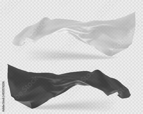 Vector illustration of two realistic flying silk fabric pieces, one white and one black. Smooth, flowing texture ideal for fashion design, textile concepts, fabric mockups, or elegant backgrounds.