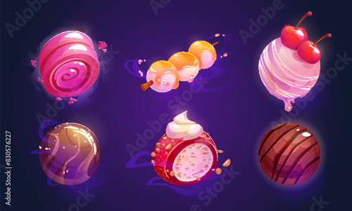Fantasy game and fairy tale alien planets made from candy and sweet desserts. Cartoon vector set of fiction confectionery ball for wonder world galaxy creation. Chocolate, caramel and ice cream sphere