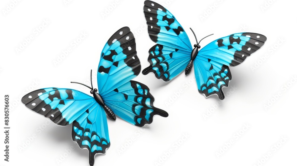 Fototapeta premium Two butterflies, one blue with black and white wing patterns flying in opposite directions, the other similarly colored but facing the opposite way