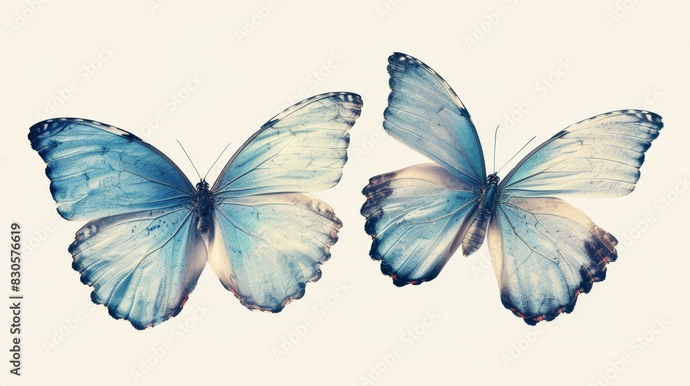 Two blue butterflies flying side by side on a white surface against a light blue sky Two blue butterflies flying side by side on a white surface against a light blue sky