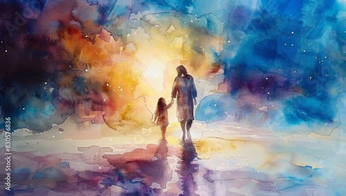 Jesus walking with his little girl, a light from heaven surrounding them, ethereal clouds and lights in the background, a beautiful watercolor painting 
