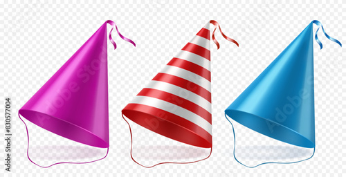 Party shiny hat with ribbon. Festive decoration.Celebration.Birthday.Vector illustration on transparent background.