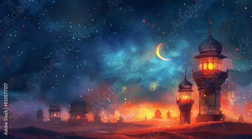 Lanterns stand in the desert at night sky, lantern Islamic Mosque, crescent moon Ramadan Kareem themed illustration background. white background, watercolor style. text Digital illustration  © Алексей Василюк
