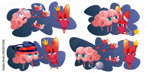 Heart brain balance. Mental and emotion health vector illustration. Love passion intuition with rational thinking connectivity concept. Organ character harmony for relationship benefit in life