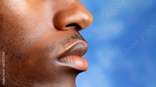  A tight shot of a man's nose against a backdrop of a blue sky