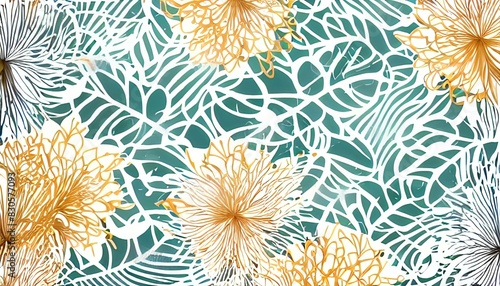 Pattern of yellow flowers and white leaves on a white background. Generative AI illustration.