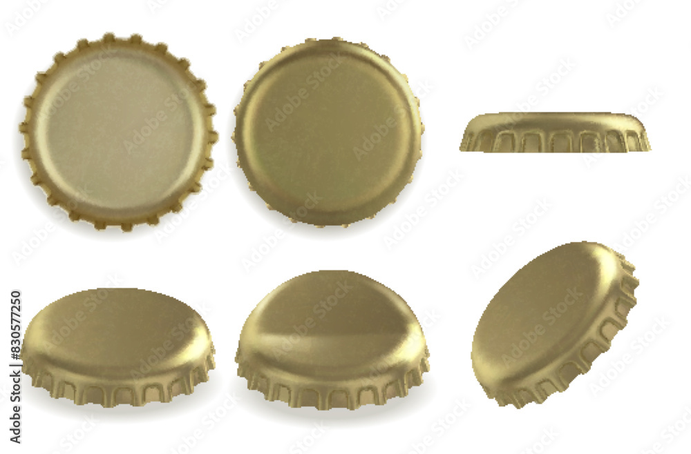 Gold beer bottle caps. Top and back view. Realistic vector illustration Gold beer bottle caps. Top and back view. Realistic vector illustration