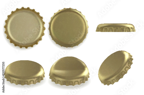 Gold beer bottle caps. Top and back view. Realistic vector illustration