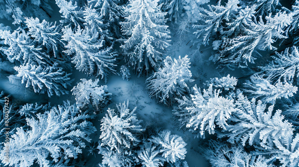 Abstract blue winter forest aerial view, snow-covered trees, top-down view, drone photography, cold and serene atmosphere, snowy landscape, high resolution.