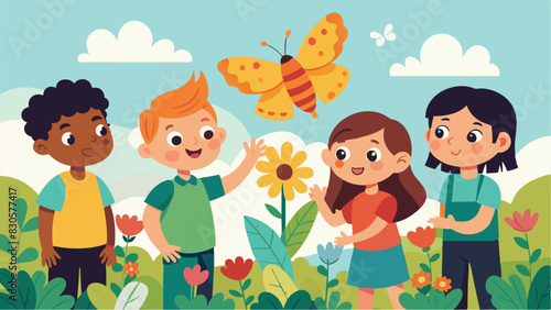A group of children eagerly gathered around a butterfly garden learning about the importance of pollinators and how to attract them to their own flower beds.. Vector illustration