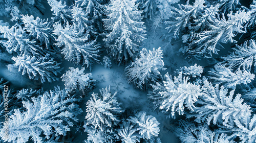 Abstract blue winter forest aerial view  snow-covered trees  top-down view  drone photography  cold and serene atmosphere  snowy landscape  high resolution.