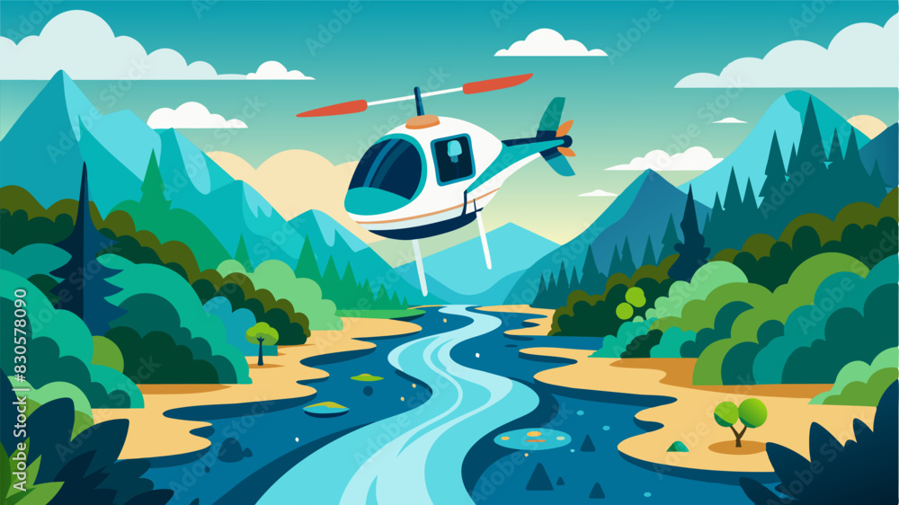 Sparkling rivers and lush forests unfold beneath an eVTOLs sensors the pilot navigating confidently as they collect data on biodiversity and ecosystem health.. Vector illustration Sparkling rivers and lush forests unfold beneath an eVTOLs sensors the pilot navigating confidently as they collect data on biodiversity and ecosystem health.. Vector illustration
