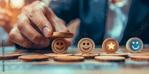Customer experience concept / Service rating evaluation and feedback concept. Hand of businessman picks positive point winking smiley emoticon and pick another smiley face icon on wooden blocks. photo