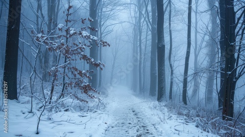 Walking in a foggy winter forest