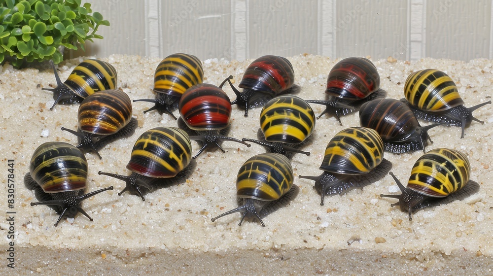 Obraz premium A collection of black and yellow insects rest atop a white tableau, adjacent to a potted plant on a stone slab of pristine white sand