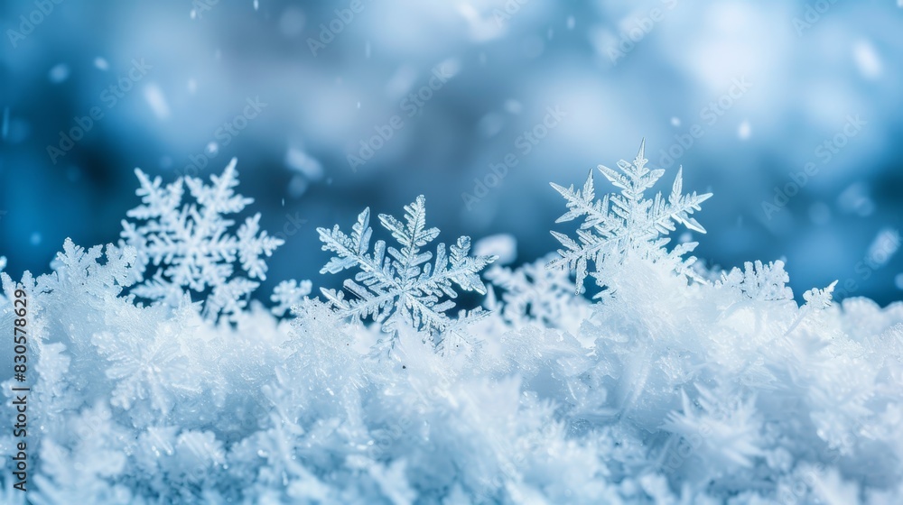 A tight shot of a solitary snowflake against a blue backdrop, subtly overlaid with hazy images of snowflakes above and below A tight shot of a solitary snowflake against a blue backdrop, subtly overlaid with hazy images of snowflakes above and below