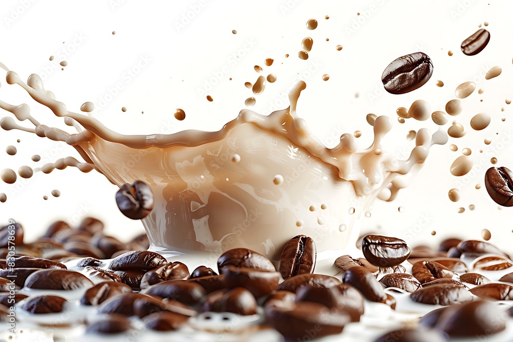 Fototapeta premium Coffee beans with milk splash isolated on white background