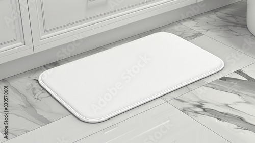 white bath mat on the floor of a modern bathroom. Close-up mockup
