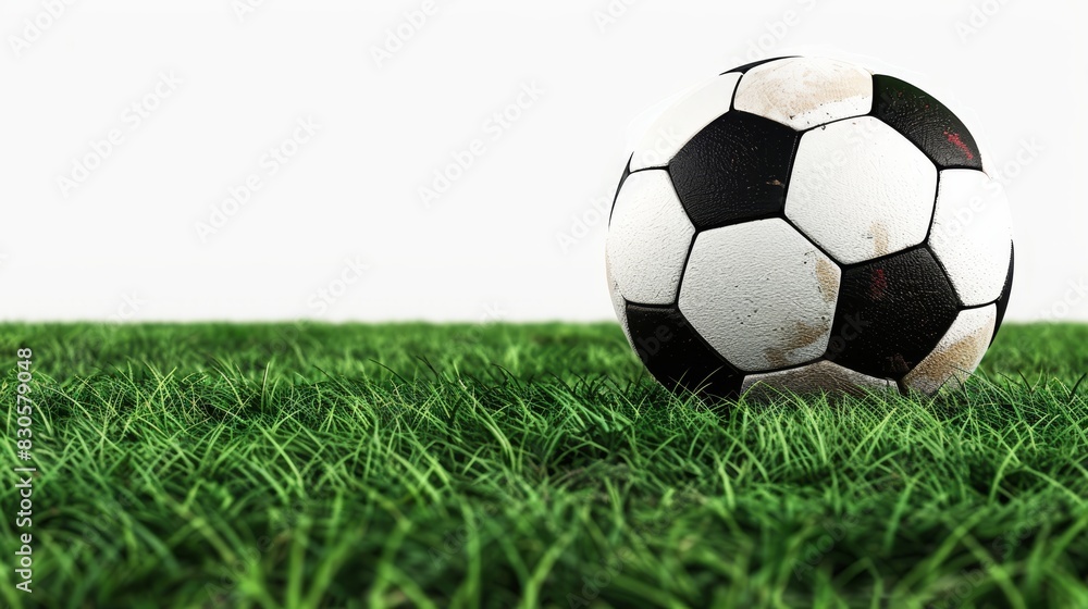 A soccer ball, monochrome against a lush green backdrop, rests atop a pristine white canvas of grass A soccer ball, monochrome against a lush green backdrop, rests atop a pristine white canvas of grass
