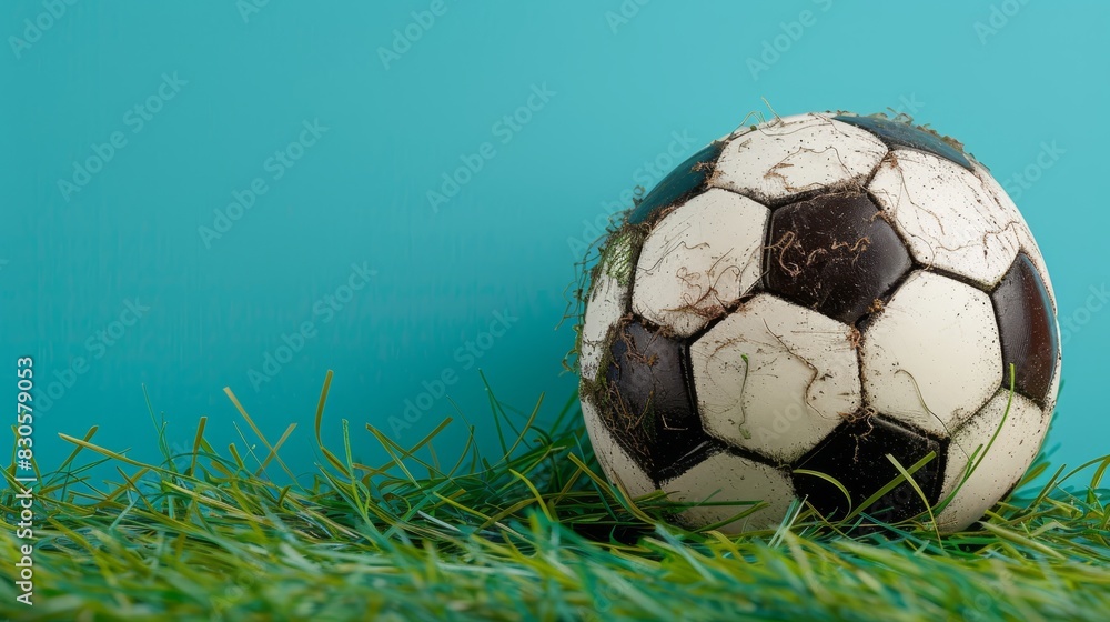 Fototapeta premium A soccer ball atop a lush, green grass field, adjacent to a blue-green wall and a patch of green covered ground