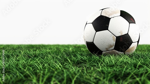  A soccer ball  monochrome against a lush green backdrop  rests atop a pristine white canvas of grass