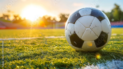  A close-up of a soccer ball on a soccer field Sun sets behind the goalie's net, with trees in the background © Mikus