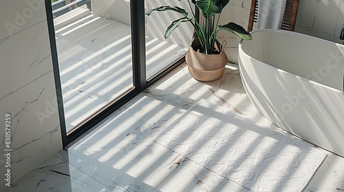 white bath mat on the floor of a modern bathroom. Close-up mockup