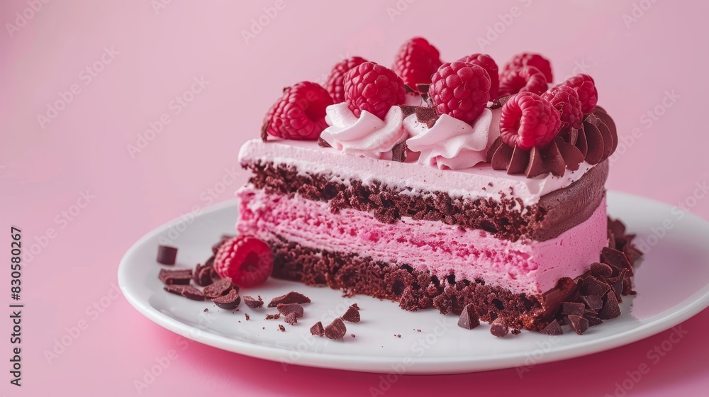piece of cake with raspberries atop and chocolate shavings