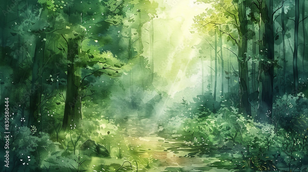 Obraz premium watercolor The green forest is a beautiful place to take a walk. The sun shines through the trees and makes the leaves glow. The air is fresh and clean. The path is easy to follow.