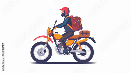 Person motorcyclist concept. Young guy at bike. Trave