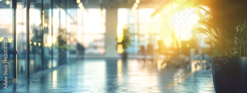 Blurred Interior of Modern Bright Office Space Celebrating Grand Opening or Holiday, Panoramic Windows with Festive Atmosphere