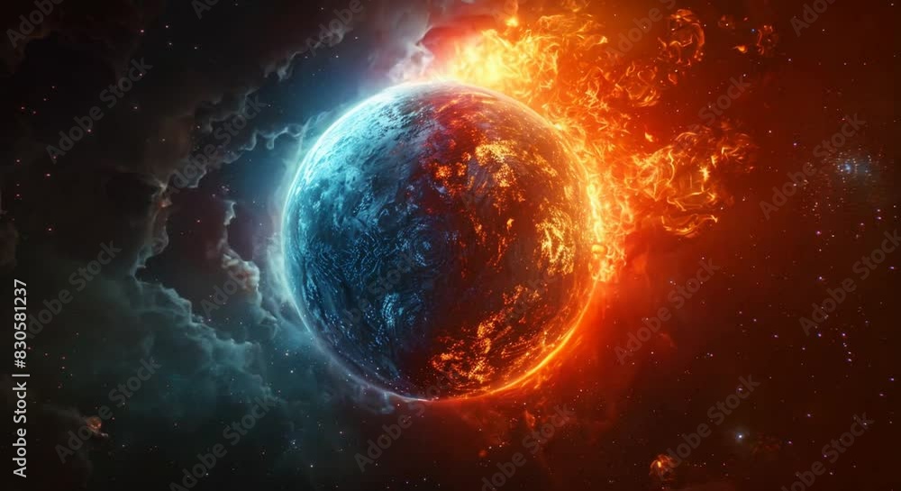 A planet with fiery and icy halves, symbolizing extremes. A planet with fiery and icy halves, symbolizing extremes.