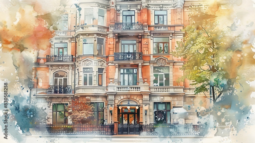 Obraz premium watercolor The image shows a beautiful watercolor painting of a historical building with a lot of windows.