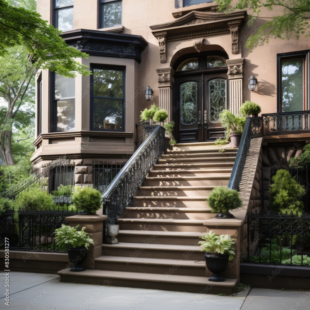 Elegant Brownstone Staircase with Wrought Iron Railings in Classic Design