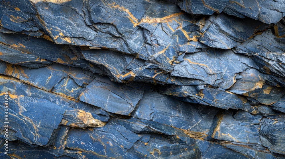 A tight shot of a rock formation with painted sides in shades of blue and gold A black bird rests atop the rock in the foreground A tight shot of a rock formation with painted sides in shades of blue and gold A black bird rests atop the rock in the foreground