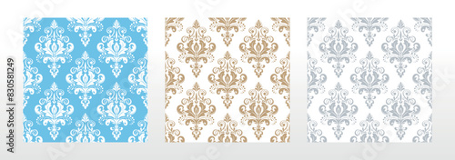 Wallpapers in the style of Baroque. Seamless vector backgrounds. Set of colored floral ornaments. Graphic patterns for fabric, wallpaper, packaging. Ornate Damask flower ornaments