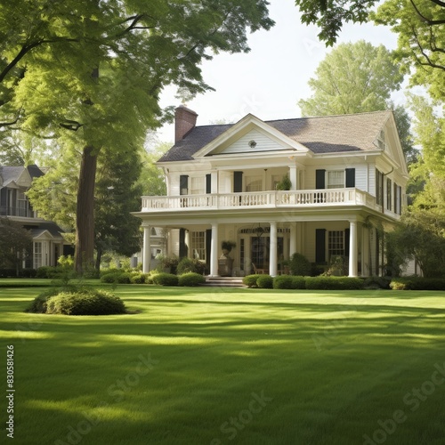 Majestic Colonial House with Grand Columns and Pristine Lawn © Cheetose