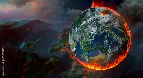 A digital painting of the earth on fire. photo