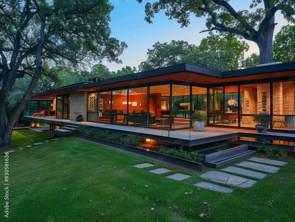 Contemporary Living: Mid-Century Modern Home with Expansive Glass Windows and Spacious Open Layout Contemporary Living: Mid-Century Modern Home with Expansive Glass Windows and Spacious Open Layout