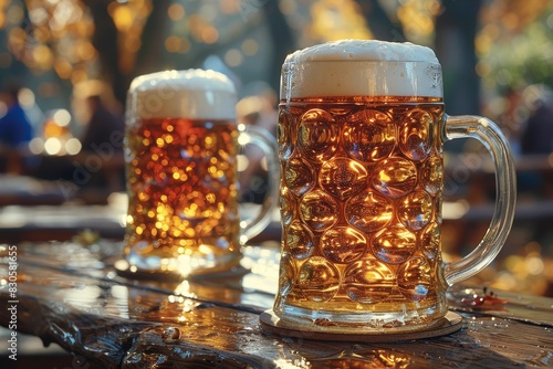 Bier - Glasses of German beer with frothy heads, in a festive beer garden setting. 