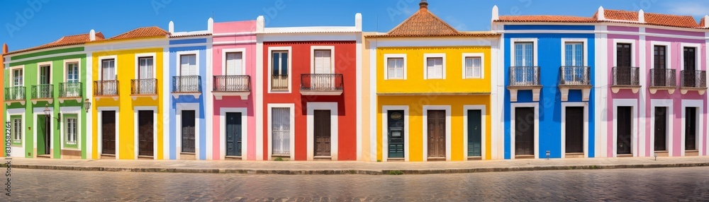 Vibrant Colonial Charm: Colorful Row of Houses Along Cobblestone Street Vibrant Colonial Charm: Colorful Row of Houses Along Cobblestone Street