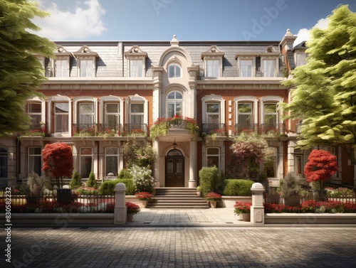 Elegant European Townhouse with Intricate Architectural Features and Charming Flower Boxes