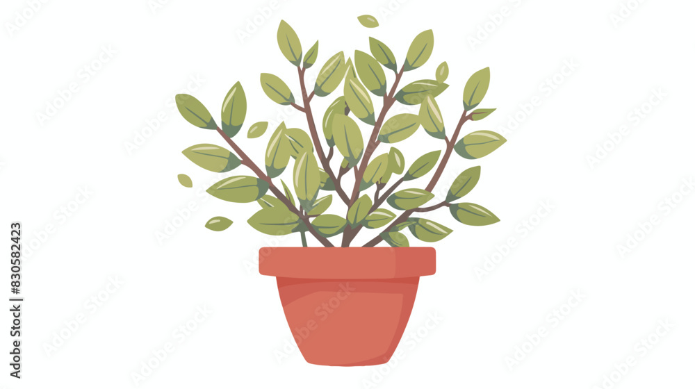 Plant in flowerpot concept. Branches with leaves in background
