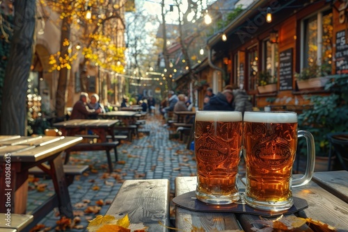 Bier - Glasses of German beer with frothy heads  in a festive beer garden setting. 