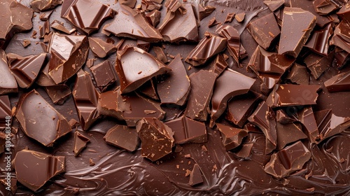  A close-up of a chocolate dessert with chocolate pieces atop and below