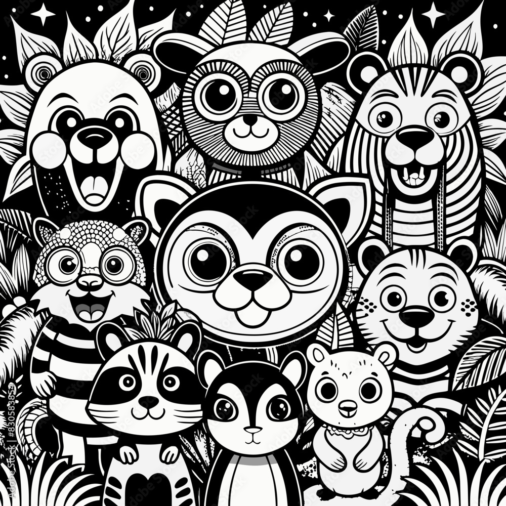 line art, animals cartoon, wallpaper, black and white, ultra HD line art, animals cartoon, wallpaper, black and white, ultra HD