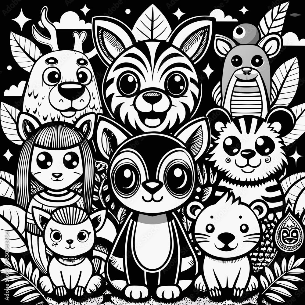 Obraz premium line art, animals cartoon, wallpaper, black and white, ultra HD