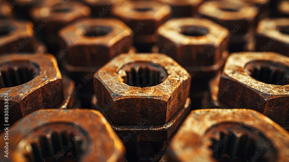 A close-up of numerous rusted metal nuts Holes punctuate their centers The nuts are uniformly brown and rusted An abundance of nuts bears these hole-filled centers A close-up of numerous rusted metal nuts Holes punctuate their centers The nuts are uniformly brown and rusted An abundance of nuts bears these hole-filled centers