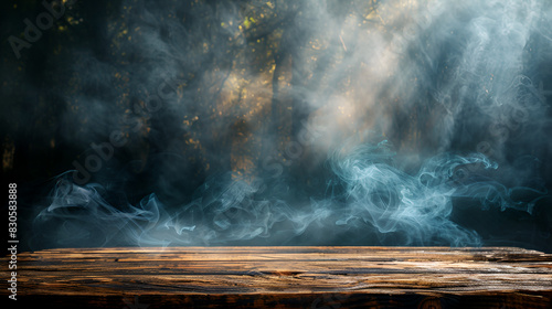 Swirling smoke on a wooden surface in a dimly lit room Table Halloween background of free space for your decoration and dark background, Generative AI
 photo