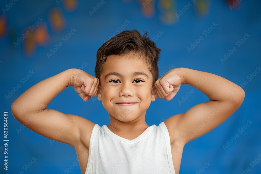 beauty smiling sport child boy showing his bicep